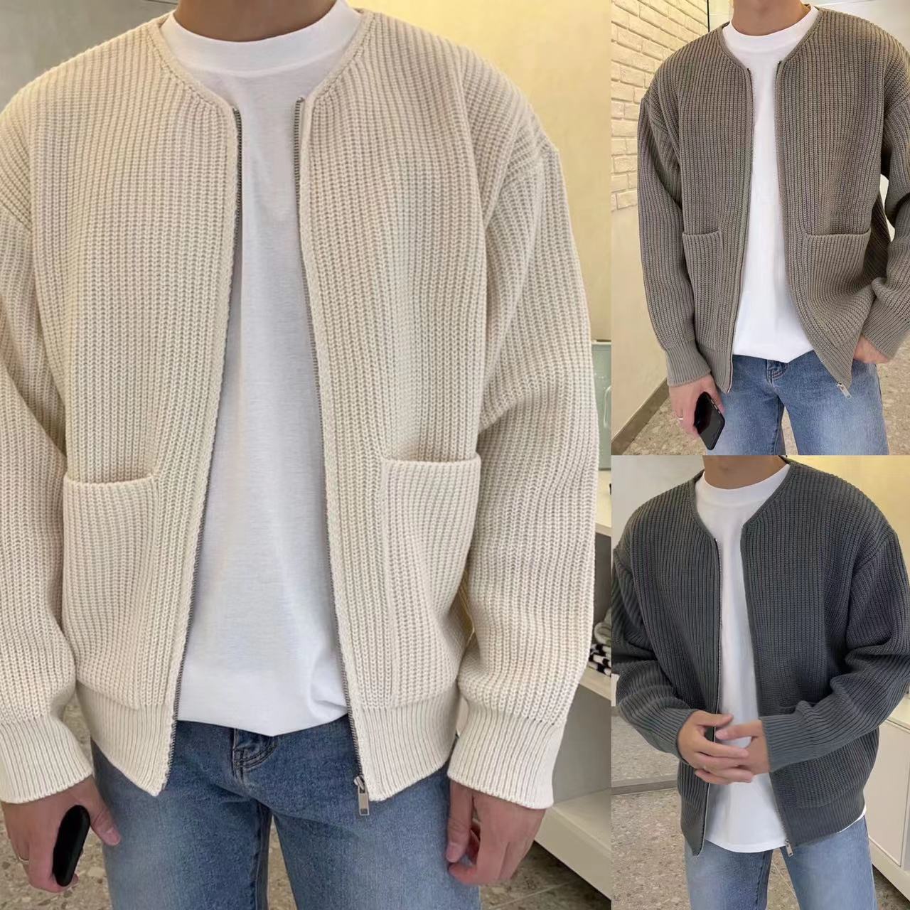 Men's Zip Up Knitted Cardigan Lined Funnel Neck