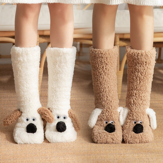 Cute Cartoon Dog Winter Warm Non-slip Plush Socks For Women