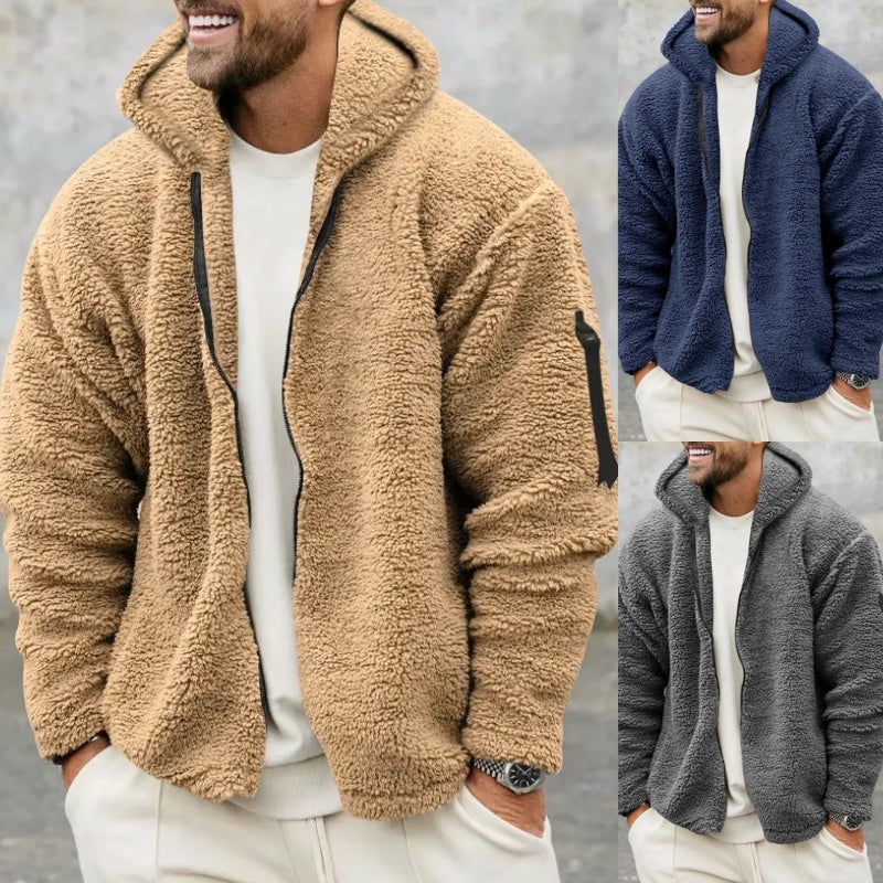 Plush Hooded Jacket Men's Winter Fleece Double-sided Wear Warm Coat