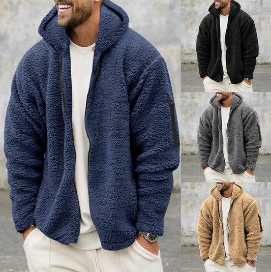 Plush Hooded Jacket Men's Winter Fleece Double-sided Wear Warm Coat