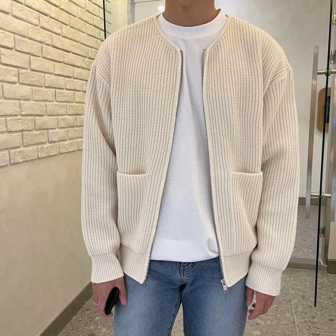 Men's Zip Up Knitted Cardigan Lined Funnel Neck