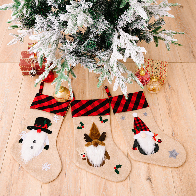 Christmas Decorations Red And Black Plaid Affixed Cloth Embroidered Stocking