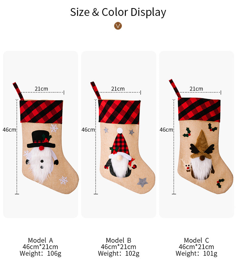 Christmas Decorations Red And Black Plaid Affixed Cloth Embroidered Stocking