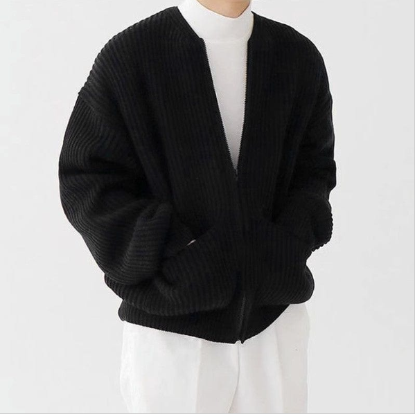 Men's Zip Up Knitted Cardigan Lined Funnel Neck