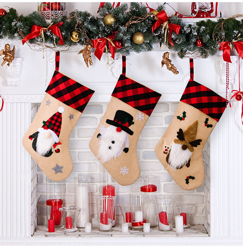 Christmas Decorations Red And Black Plaid Affixed Cloth Embroidered Stocking