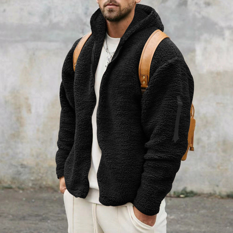Plush Hooded Jacket Men's Winter Fleece Double-sided Wear Warm Coat
