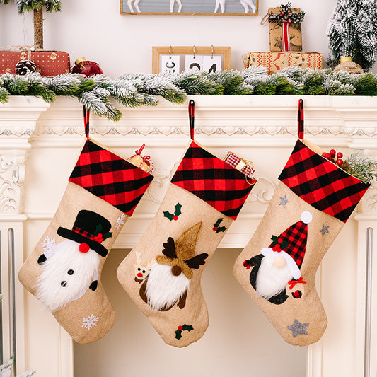 Christmas Decorations Red And Black Plaid Affixed Cloth Embroidered Stocking