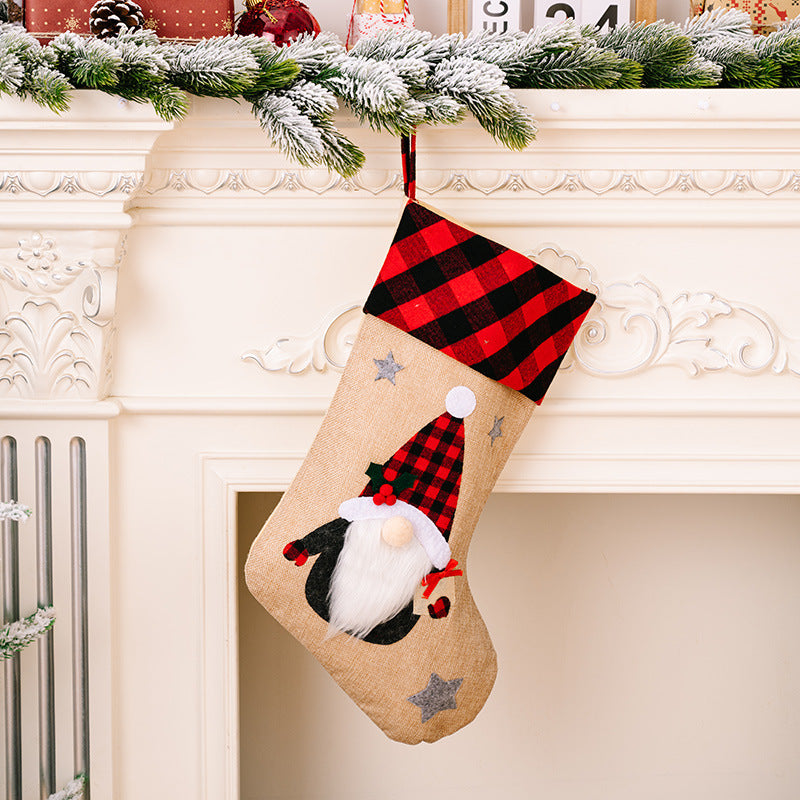 Christmas Decorations Red And Black Plaid Affixed Cloth Embroidered Stocking
