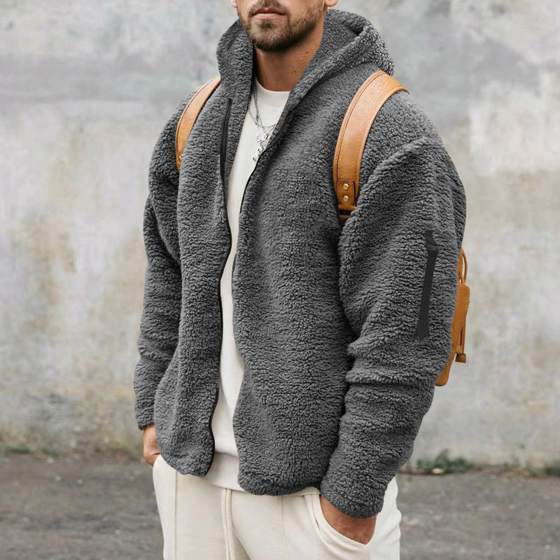 Plush Hooded Jacket Men's Winter Fleece Double-sided Wear Warm Coat