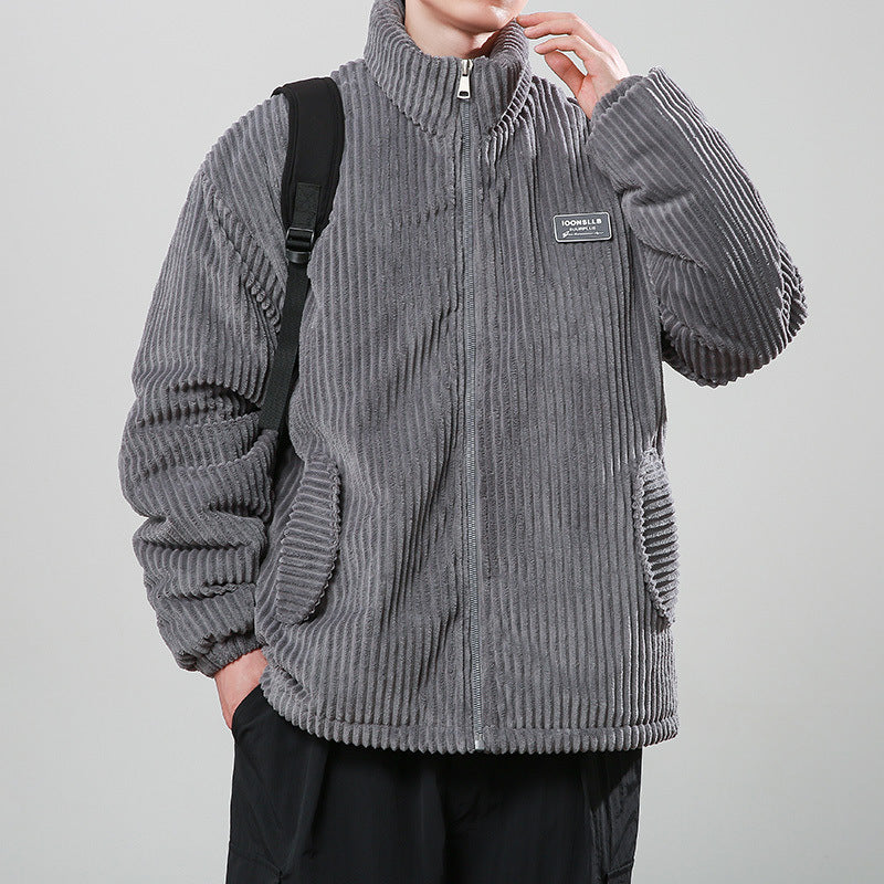 Winter Corduroy Cotton-padded Warm Stand Collar Zipper Jacket