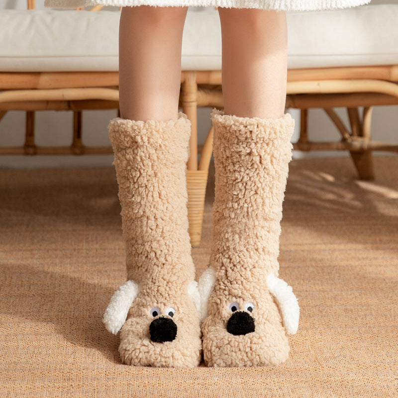Cute Cartoon Dog Winter Warm Non-slip Plush Socks For Women