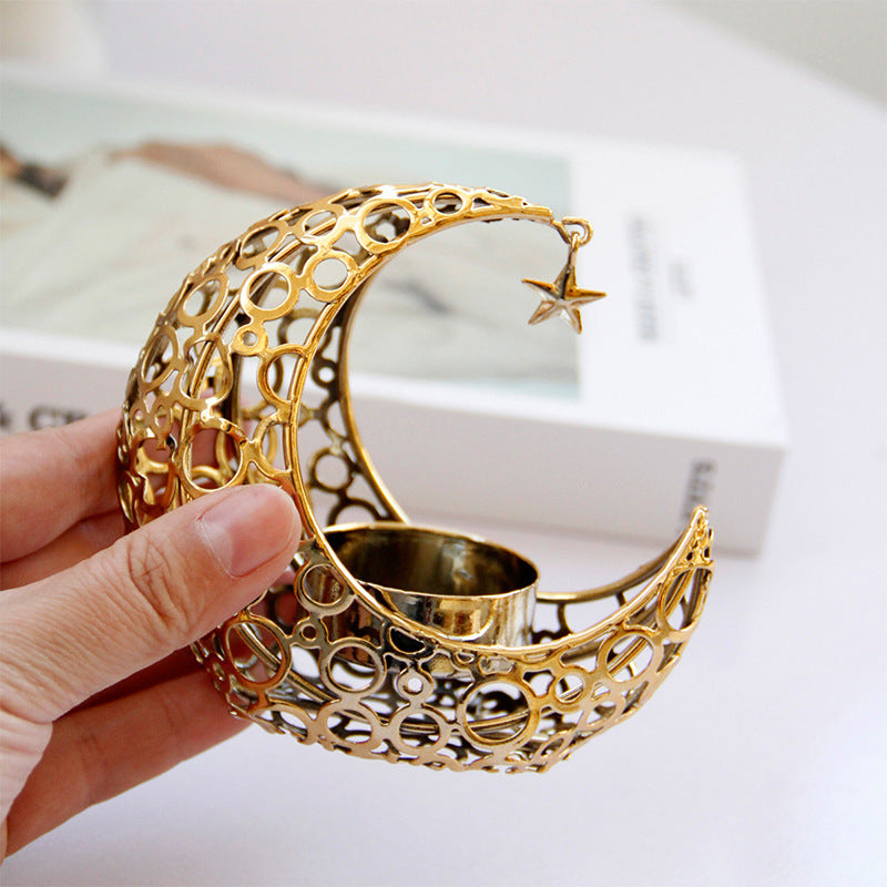 Light Luxury Crescent Moon Star Moon Black Gold Metal Candle Holder