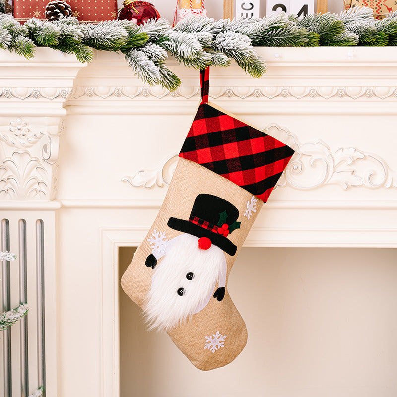 Christmas Decorations Red And Black Plaid Affixed Cloth Embroidered Stocking