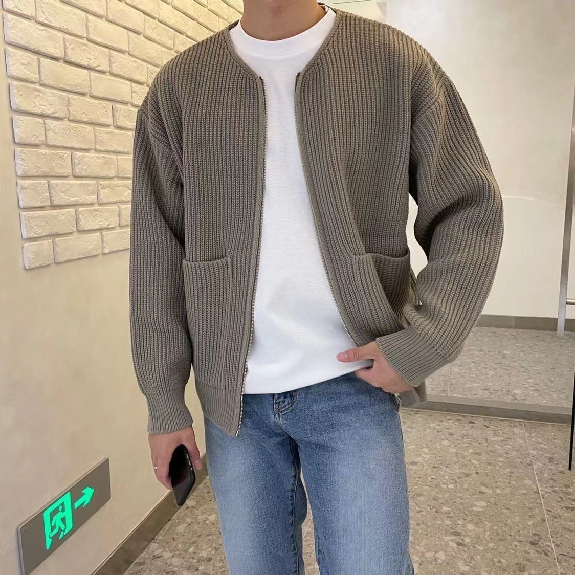 Men's Zip Up Knitted Cardigan Lined Funnel Neck